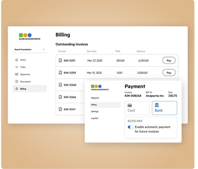 Un écran du portail client Karbon affichant les factures en attente de paiement ; l'image en petit format présente les modes de paiement.