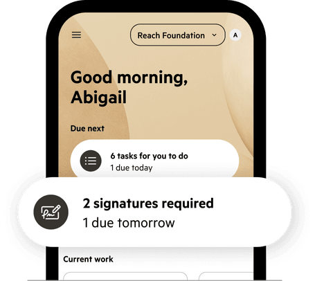 Karbon for Clients on a mobile phone, with a signature reminder notification highlighted.