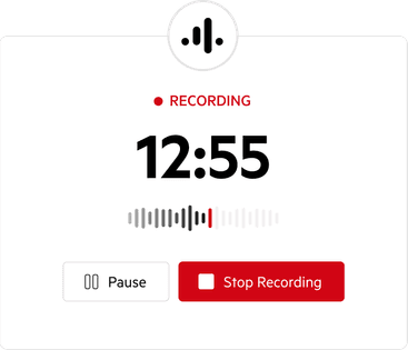 Kai’s meeting notetaker actively recording, showing a 12:55 timer with pause and stop recording controls.