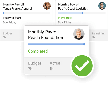 Karbon payroll work items showing monthly payroll tasks for multiple clients, with one card marked as Completed.