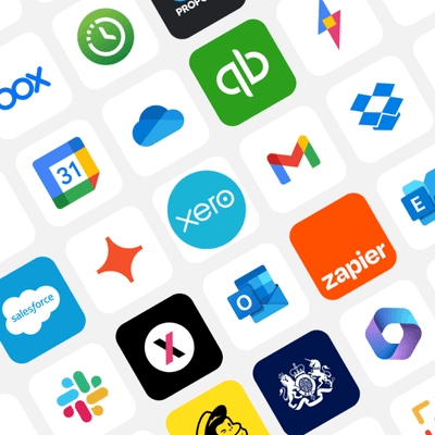 A grid of product logos showcasing some of the many apps with which Karbon integrates, including OneDrive, Dropbox, Slack GMail and many others.