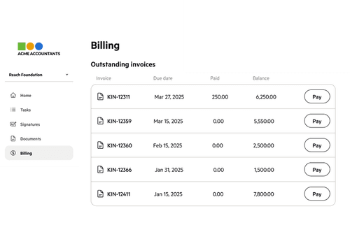 A client portal billing screen showing outstanding invoices with Pay buttons.