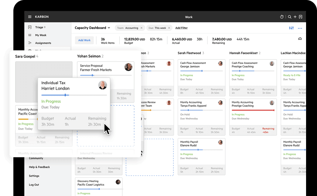 A work capacity planning dashboard in Karbon.