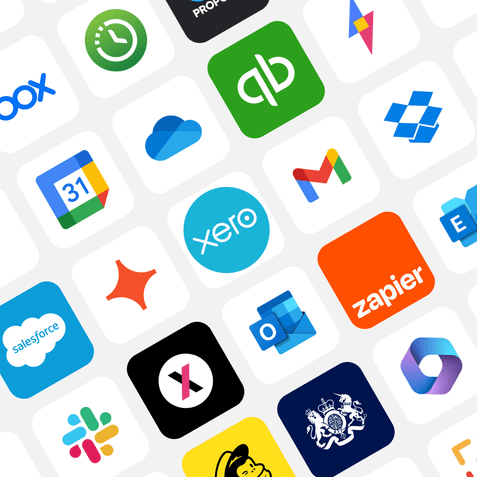 A grid of product logos showcasing some of the many apps with which Karbon integrates, including OneDrive, Dropbox, Slack GMail and many others