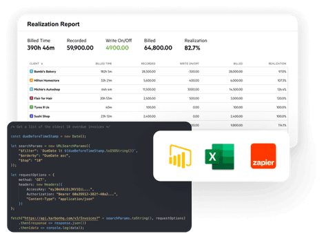 Un tableau de bord de réalisation dans Karbon, une fenêtre avec du code montrant un appel API pour récupérer les factures en retard dans Karbon, et des logos indiquant des intégrations pour Power BI, Microsoft Excel et Zapier.