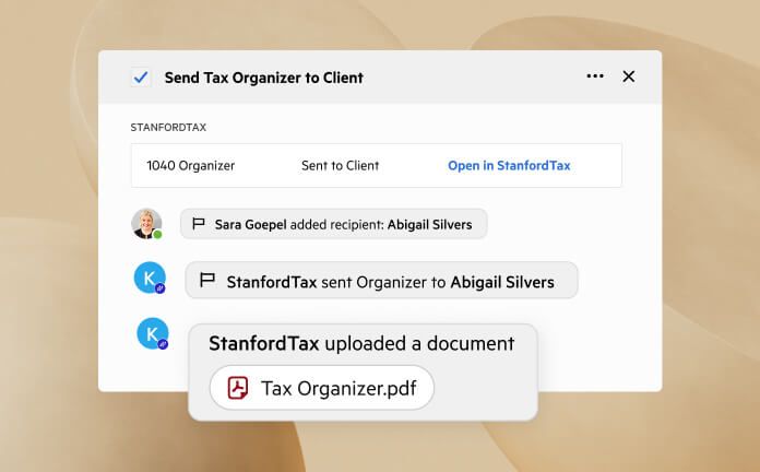 A StanfordTax integration event timeline. The most recent item shows the StanfordTax automator having uploaded a document.