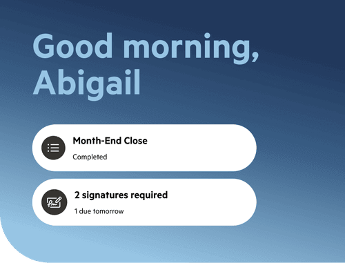 An abstracted client task list with the greeting "Good morning, Abigail" above it.