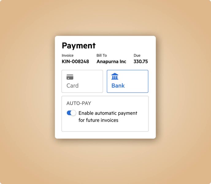 Karbon Billing and Payments UI, showing options to pay by credit card or bank transfer, as well as a toggle to enable automatic payments.