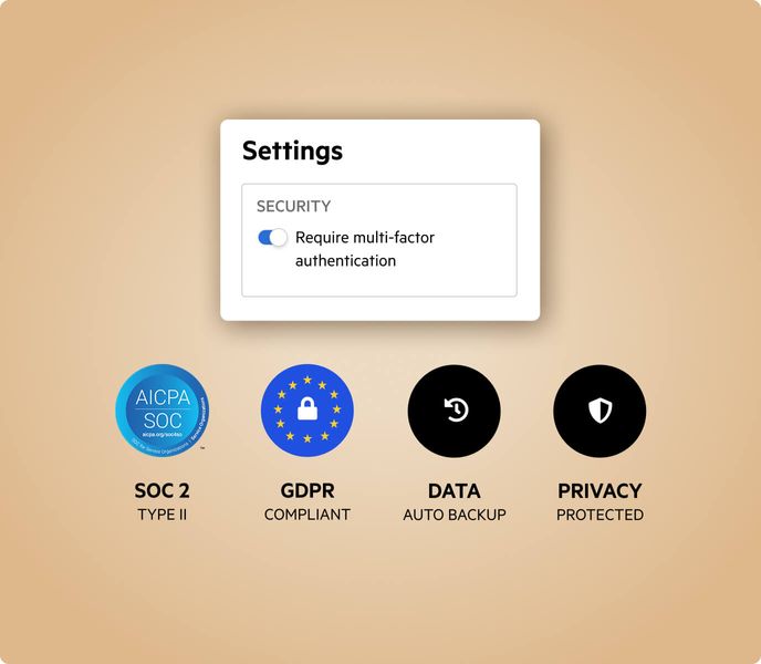 A settings UI with multi-factor authentication requirement toggled on, followed by a list of security features.