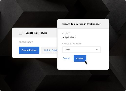 User interface with a prompt to create a tax return in ProConnect.