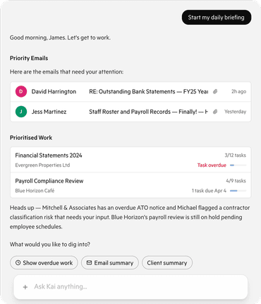 Kai’s daily briefing listing priority emails, prioritised work with task progress, and suggested next actions.