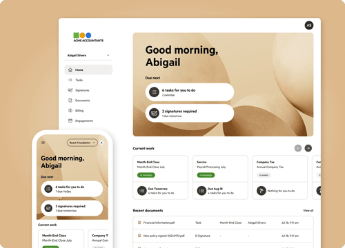 The Karbon for Clients portal displayed on desktop and mobile, showing a personalized dashboard with a morning greeting and task list.