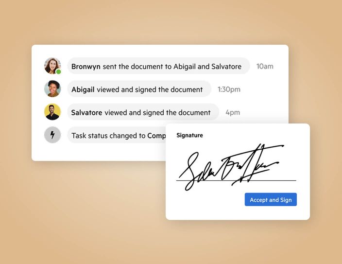 An email signature interface with an event timeline.