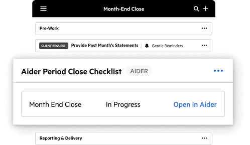 Un élément de travail de clôture de mois dans Karbon, avec un appel à l'action pour ouvrir une liste de contrôle de clôture de période dans Aider.