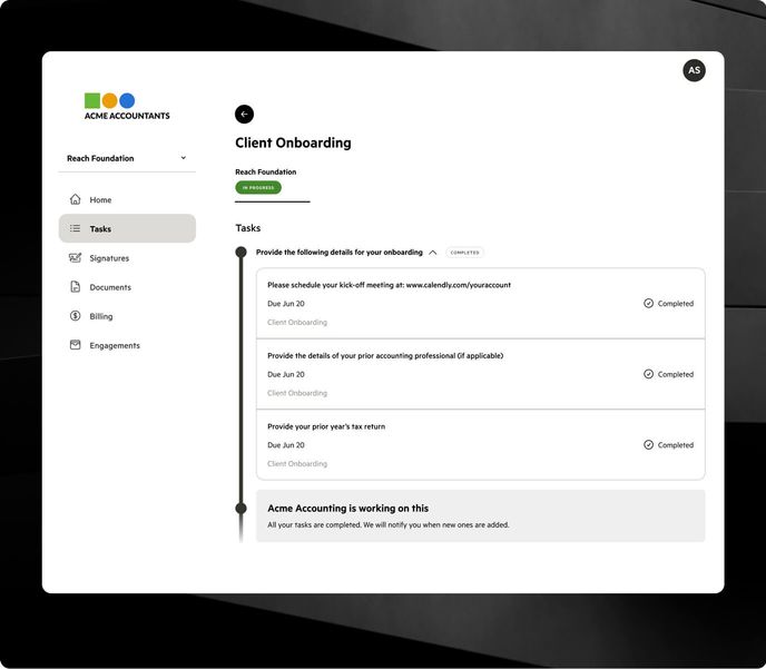 A client onboarding timeline task list showing completed and upcoming items.