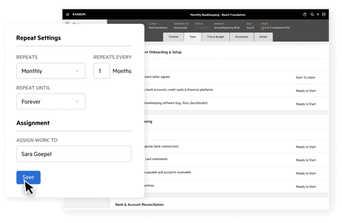 A Karbon work item for monthly bookkeeping showing a recurring work settings modal with repeat frequency, due date, and assignment configuration.