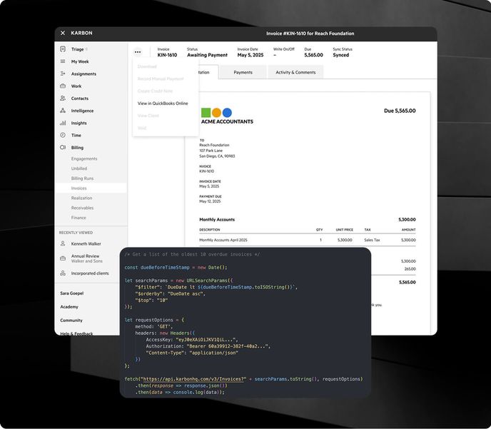 Karbon billing invoice with a "View in QuickBooks Online" option. A terminal showing a billing API code snippet is overlaid.