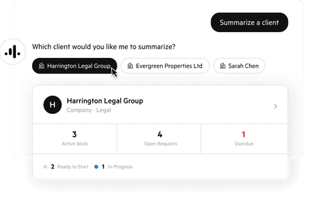 A stylized "Summarize a client" interface in Karbon.