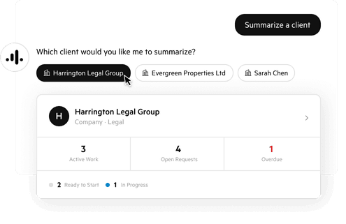 A Kai chat where the user asks to summarise a client, and Kai returns a snapshot of Harrington Legal Group showing active work, open requests, and overdue items.