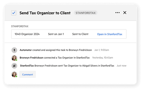 An interface with a timeline for the automated creation of a tax organiser via Karbon's Stanford Tax integration.