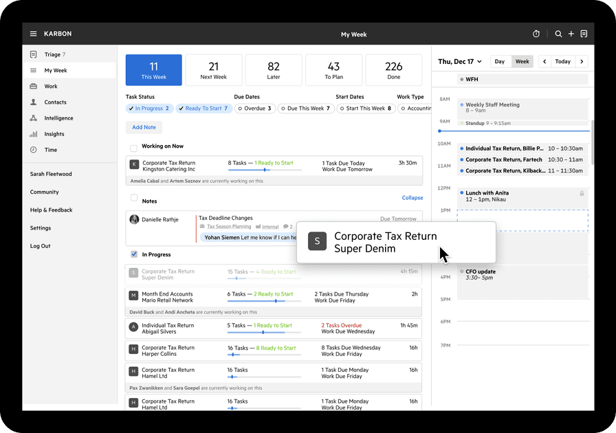 A screen displaying the calendar integration in Karbon Triage