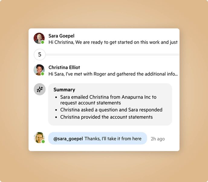 An email thread, followed by an AI-generated summary and a comment confirming a team member's understanding of the summary.