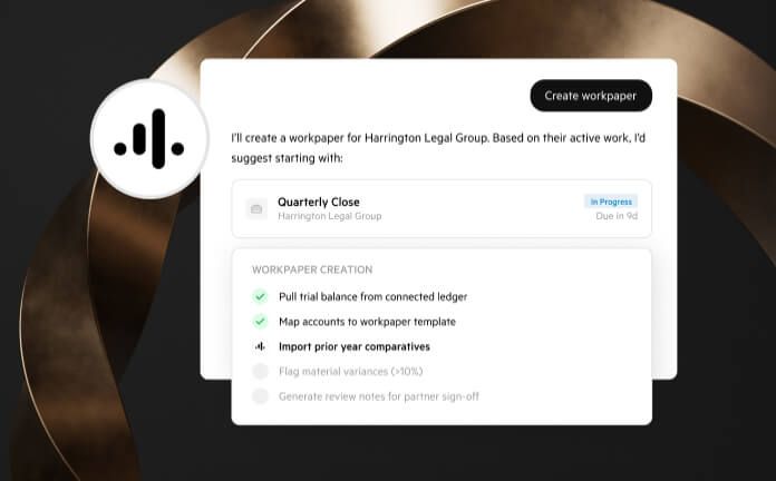 A Kai chat creating a workpaper for Harrington Legal Group’s quarterly close, with a checklist of completed and in-progress steps.