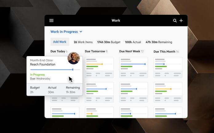 A kanban board of work items, with one item expanded.