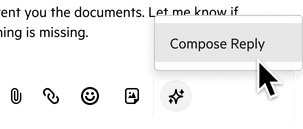 A section of Karbon's email composition interface showing AI assiutiant option to compose a reply to an email automatically based on the content of the email