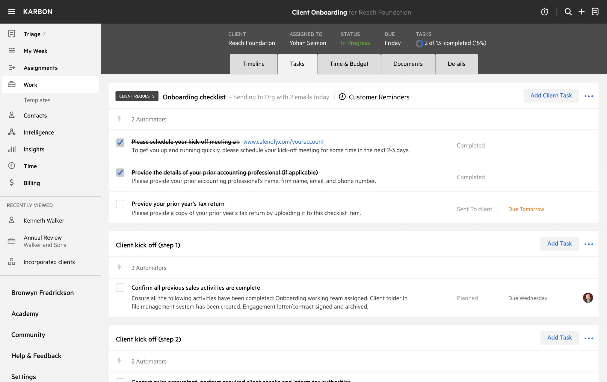 A work template dashboard in Karbon displaying a client onboarding checklist.